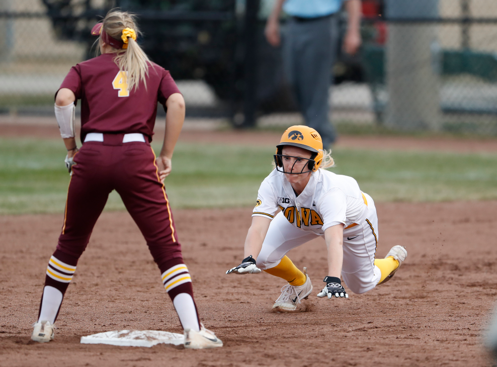 Iowa Hawkeyes infielder Sarah Kurtz (9) against the Minnesota Golden Gophers Thursday, April 12, 2018 at Bob Pearl Field. (Brian Ray/hawkeyesports.com)