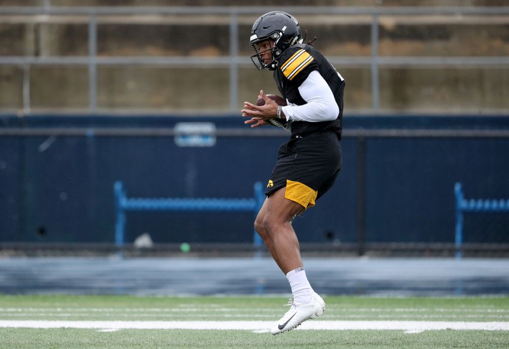 Iowa Hawkeyes wide receiver Brandon Smith (12) makes a catch during practice Monday, December 23, 2019 at Mesa College in San Diego. (Brian Ray/hawkeyesports.com)