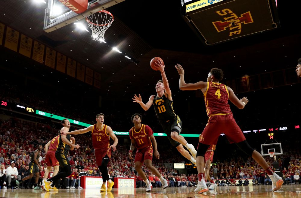 Iowa Hawkeyes guard Joe Wieskamp (10) goes to the hoop against the Iowa State Cyclones Thursday, December 12, 2019 at Hilton Coliseum in Ames, Iowa(Brian Ray/hawkeyesports.com)
