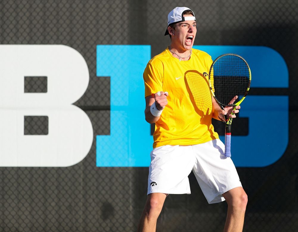 Iowa's Nikita Snezhko celebrates a point during their doubles match again Michigan State at the Hawkeye Tennis and Recreation Complex in Iowa City on Friday, Apr. 19, 2019. (Stephen Mally/hawkeyesports.com)