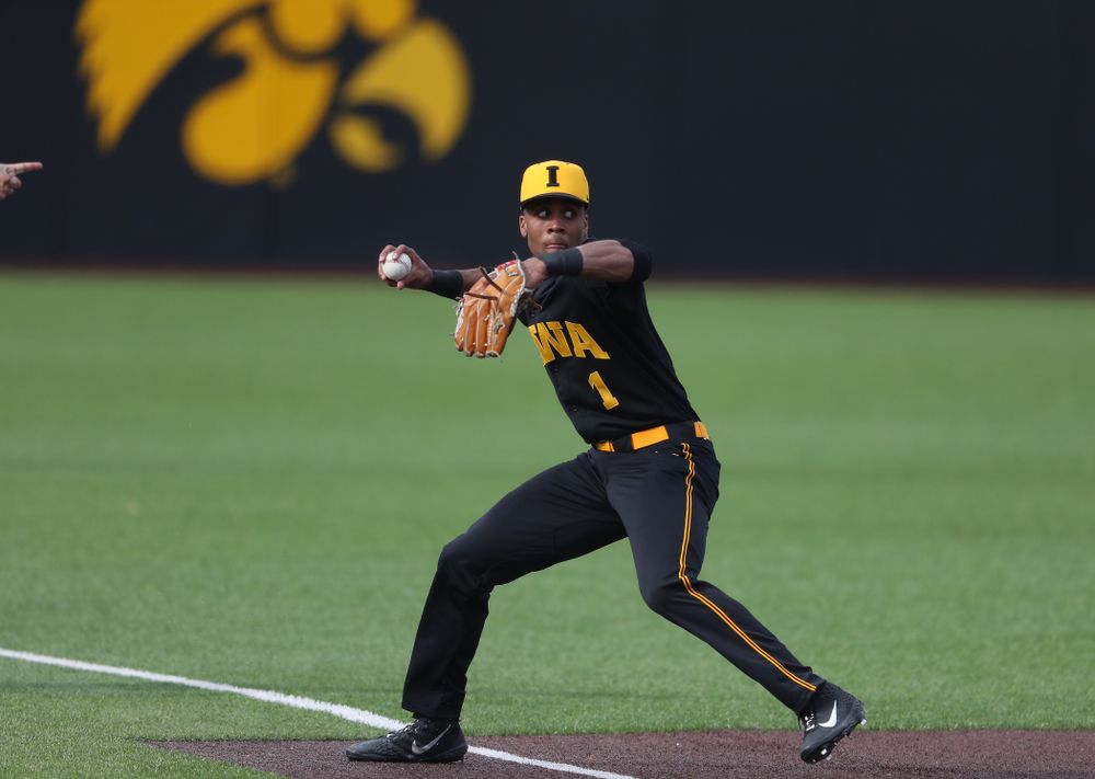Iowa Hawkeyes infielder Lorenzo Elion (1) against Simpson College Tuesday, March 19, 2019 at Duane Banks Field. (Brian Ray/hawkeyesports.com)