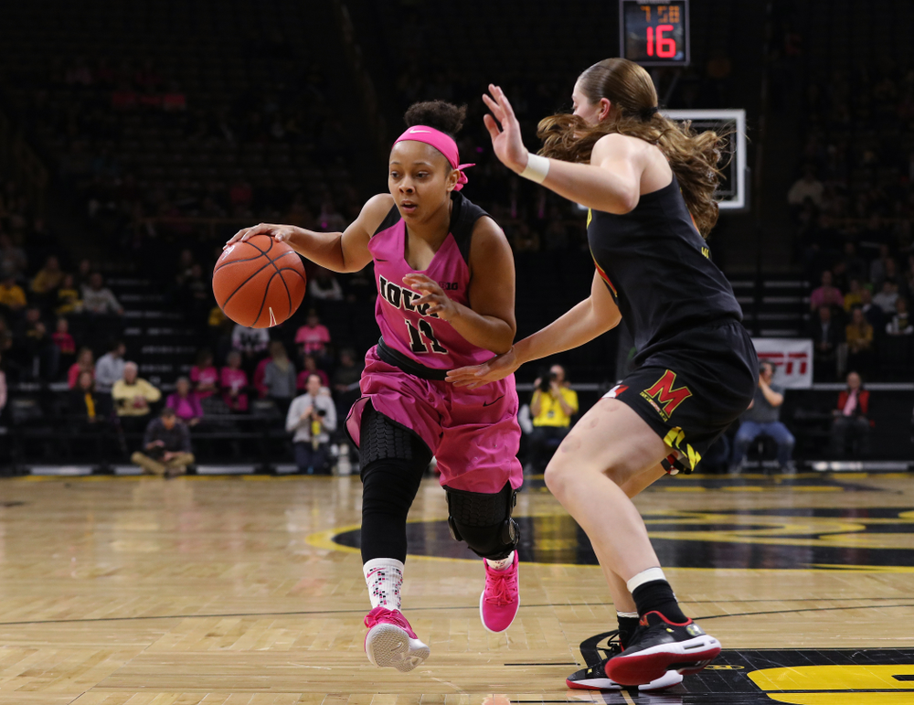 Iowa Hawkeyes guard Tania Davis (11) against the seventh ranked Maryland Terrapins Sunday, February 17, 2019 at Carver-Hawkeye Arena. (Brian Ray/hawkeyesports.com)