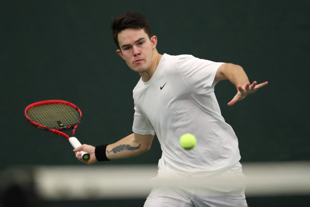 Iowa's Jonas Larsen against North Dakota Friday, January 25, 2019 at the Hawkeye Tennis and Recreation Complex. (Brian Ray/hawkeyesports.com)