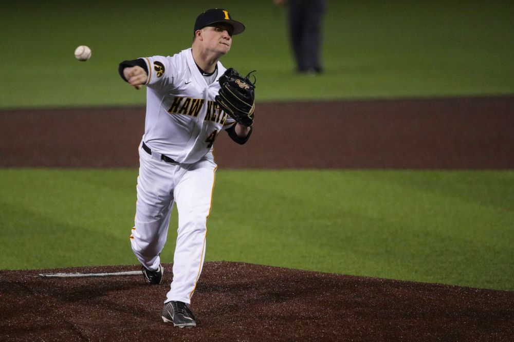 Iowa pitcher Trace Hoffman at game 1 vs Rutgers on Friday, April 5, 2019 at Duane Banks Field. (Lily Smith/hawkeyesports.com)