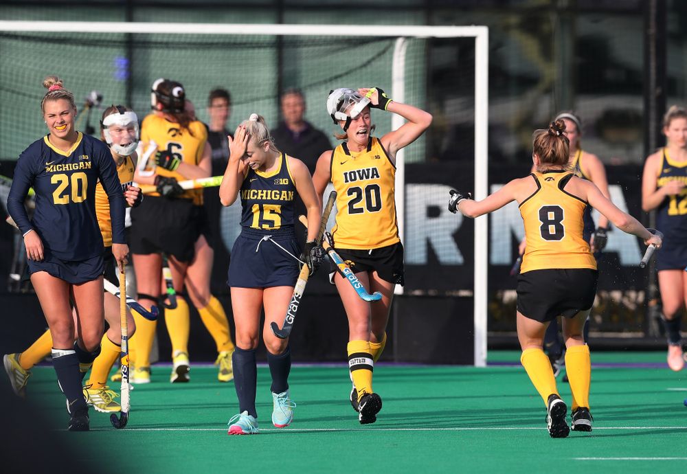 Iowa Hawkeyes Sophie Sunderland (20) celebrates their 2-1 victory over the Michigan Wolverines in the semi-finals of the Big Ten Tournament Friday, November 2, 2018 at Lakeside Field on the campus of Northwestern University in Evanston, Ill. (Brian Ray/hawkeyesports.com)