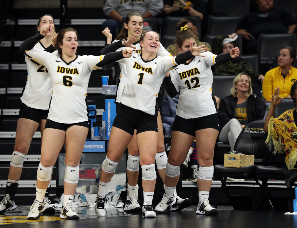 Iowa Hawkeyes defensive specialist Emma Lowes (6), defensive specialist Joslyn Boyer (1), and defensive specialist Emily Bushman (12) against Penn State Friday, November 1, 2019 at Carver Hawkeye Arena. (Brian Ray/hawkeyesports.com)