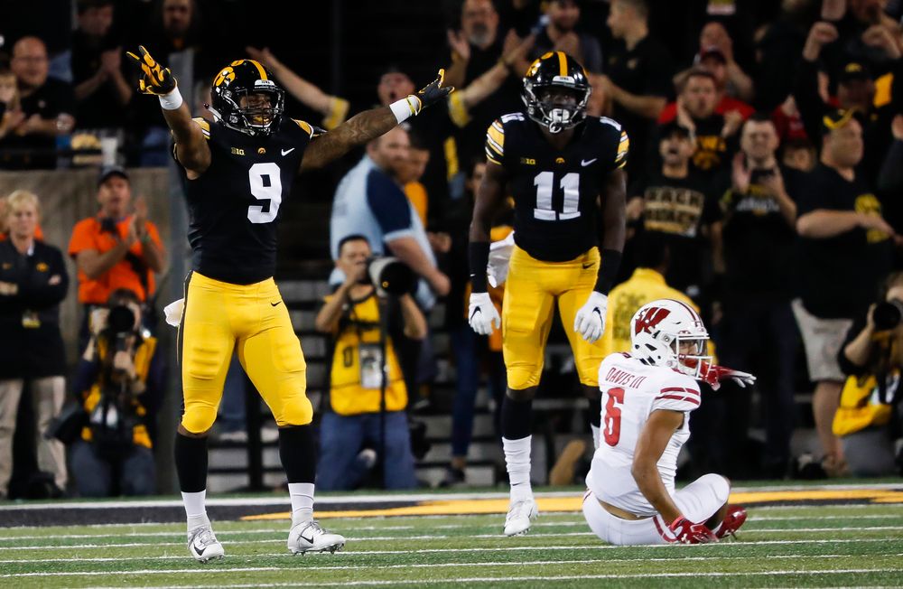 Iowa Hawkeyes defensive back Geno Stone (9) reacts after breaking up a pass during a game against Wisconsin at Kinnick Stadium on September 22, 2018. (Tork Mason/hawkeyesports.com)