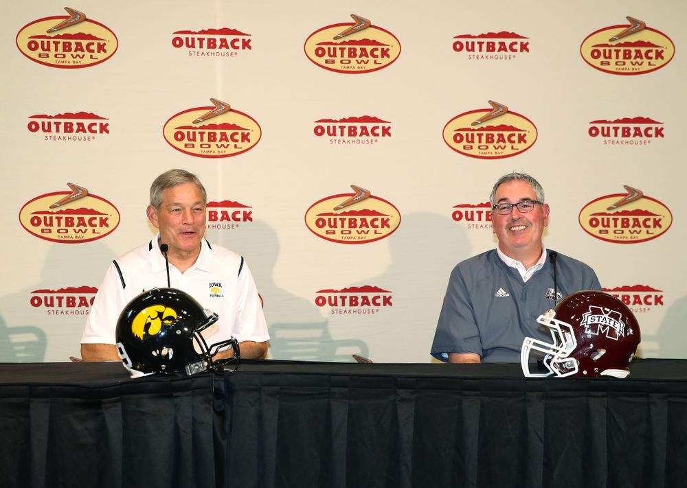 Iowa Hawkeyes head coach Kirk Ferentz and Mississippi State head coach Joe Moorhead answer questions during the Outback Bowl coach's press conference Saturday, December 29, 2018 in Tampa, FL. (Brian Ray/hawkeyesports.com)