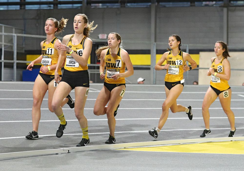 Iowa’s Emma Gordon (from left), Mary Arch, Gabby Skopec, Wren Renquist, and Maggie Gutwein run the women’s 3000 meter run event during the Hawkeye Invitational at the Recreation Building in Iowa City on Saturday, January 11, 2020. (Stephen Mally/hawkeyesports.com)