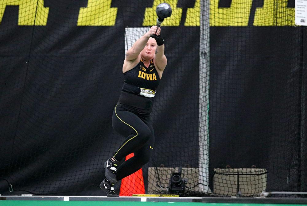 Iowa’s Allison Wahrman throws in the women’s weight throw event during the Hawkeye Invitational at the Hawkeye Tennis and Recreation Complex in Iowa City on Friday, January 10, 2020. (Stephen Mally/hawkeyesports.com)
