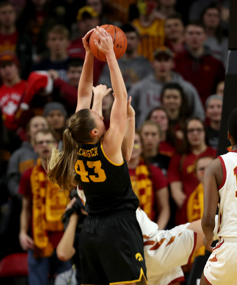 Iowa Hawkeyes forward Amanda Ollinger (43) against the Iowa State Cyclones Wednesday, December 11, 2019 at Hilton Coliseum in Ames, Iowa(Brian Ray/hawkeyesports.com)