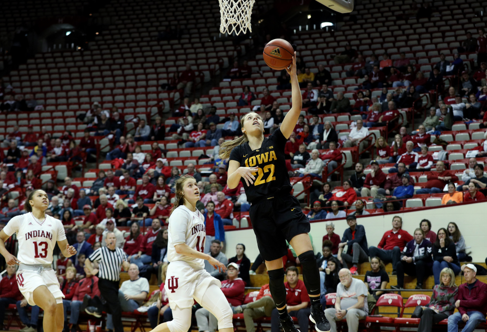 Iowa Hawkeyes guard Kathleen Doyle (22) against the Indiana Hoosiers Thursday, February 21, 2019 at Simon Skjodt Assembly Hall. (Brian Ray/hawkeyesports.com)
