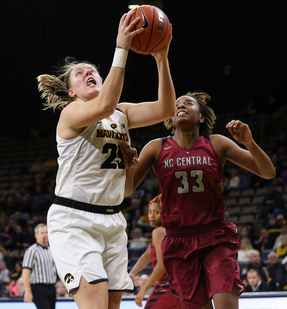 Iowa Hawkeyes forward Monika Czinano (25) goes up for a shot during a game against North Carolina Central at Carver-Hawkeye Arena on November 17, 2018. (Tork Mason/hawkeyesports.com)