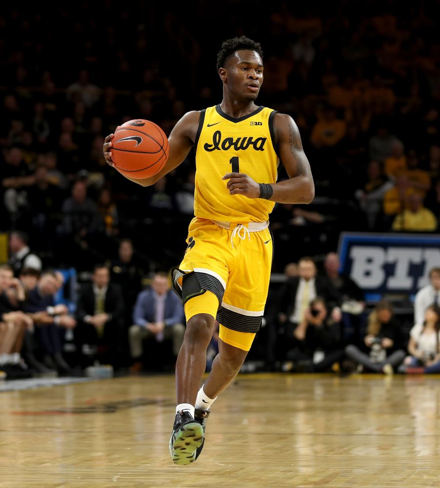 Iowa Hawkeyes guard Joe Toussaint (1) against the Nebraska Cornhuskers Saturday, February 8, 2020 at Carver-Hawkeye Arena. (Brian Ray/hawkeyesports.com)