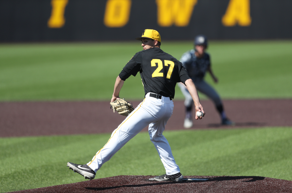 Iowa Hawkeyes Jason Foster (27) delivers the ball to the plate during game two against UC Irvine Saturday, May 4, 2019 at Duane Banks Field. (Brian Ray/hawkeyesports.com)