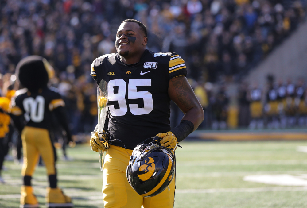 Iowa Hawkeyes defensive lineman Cedrick Lattimore (95) during Senior Day festivities before their game against the Illinois Fighting Illini Saturday, November 23, 2019 at Kinnick Stadium. (Brian Ray/hawkeyesports.com)