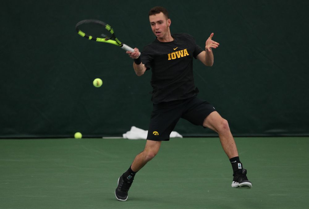 Iowa's Kareem Allaf against UMKC Friday, February 15, 2019 at the Hawkeye Tennis and Recreation Complex. (Brian Ray/hawkeyesports.com)