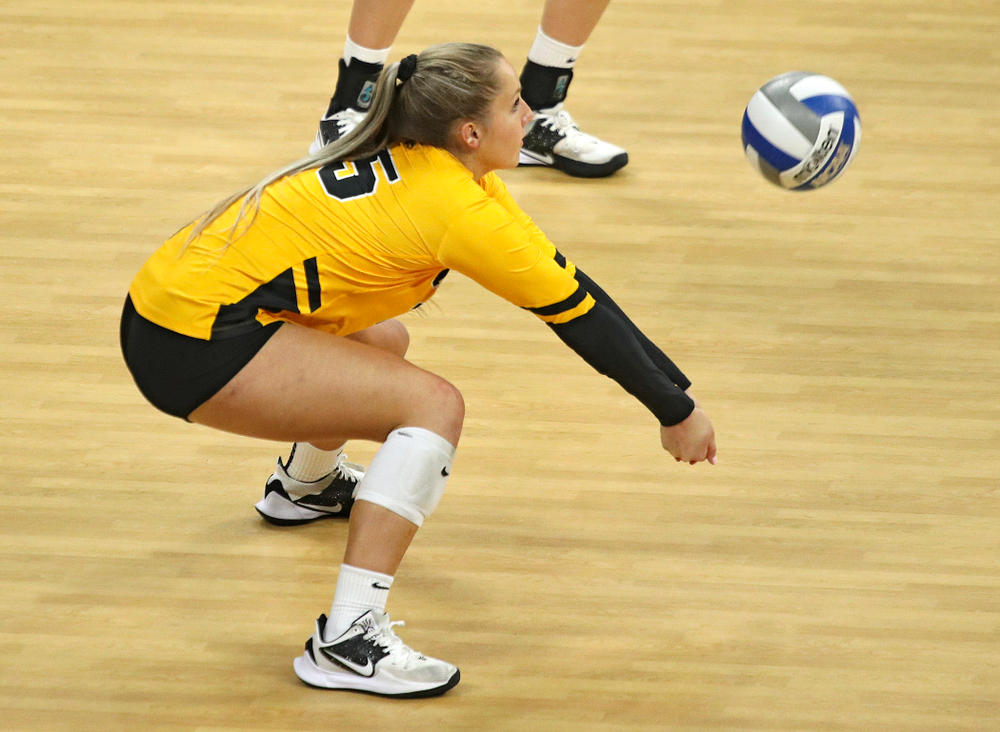 Iowa’s Maddie Slagle (15) gets a dig during their match at Carver-Hawkeye Arena in Iowa City on Sunday, Oct 20, 2019. (Stephen Mally/hawkeyesports.com)