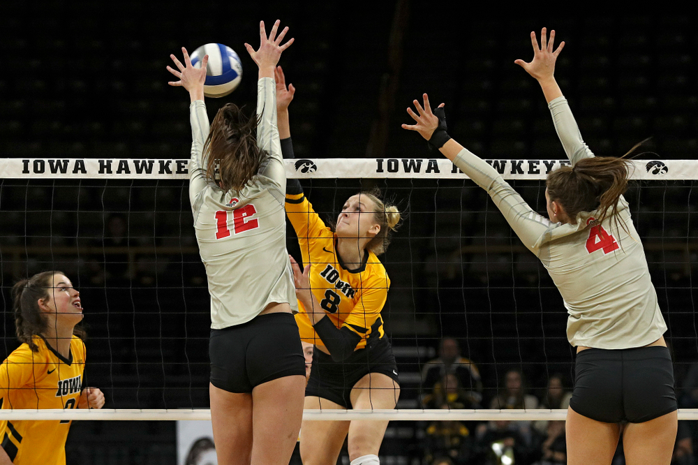 Iowa’s Kyndra Hansen (8) lines up a kill shot during the first set of their match at Carver-Hawkeye Arena in Iowa City on Friday, Nov 29, 2019. (Stephen Mally/hawkeyesports.com)