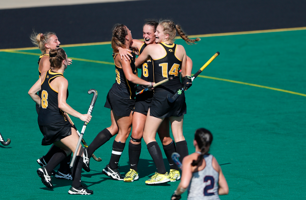 Iowa Hawkeyes Sophie Sunderland (20), Anthe Nijziel (6), and Lokke Stribos (14) against the Penn Quakers Friday, September 14, 2018 at Grant Field. (Brian Ray/hawkeyesports.com)