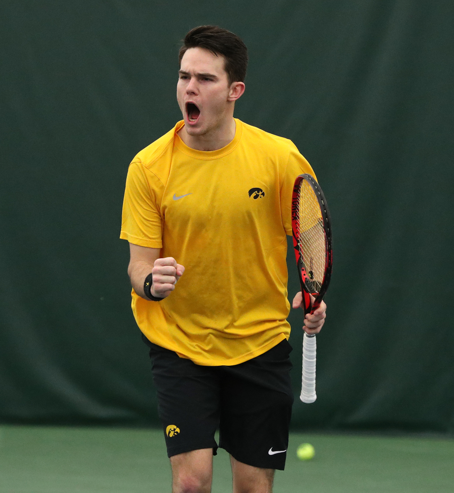 Jonas Larsen against the Butler Bulldogs Sunday, January 27, 2019 at the Hawkeye Tennis and Recreation Complex. (Brian Ray/hawkeyesports.com)