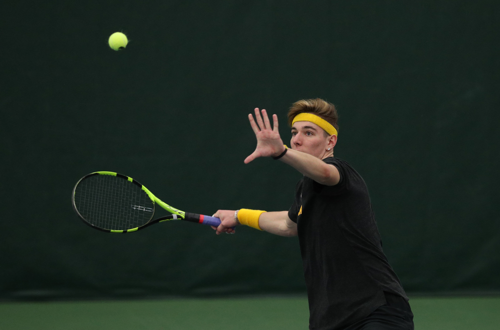 Iowa's Nikita Snezhko against UMKC Friday, February 15, 2019 at the Hawkeye Tennis and Recreation Complex. (Brian Ray/hawkeyesports.com)