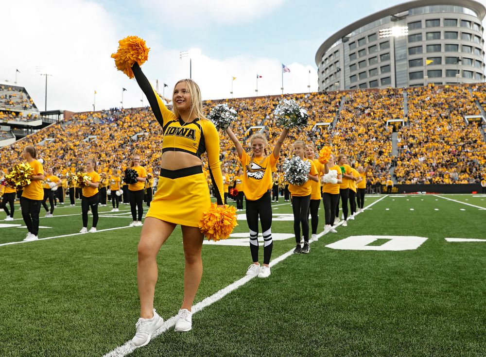 Spirit Squad Day performers on the field during halftime of their game at Kinnick Stadium in Iowa City on Saturday, Sep 28, 2019. (Stephen Mally/hawkeyesports.com)