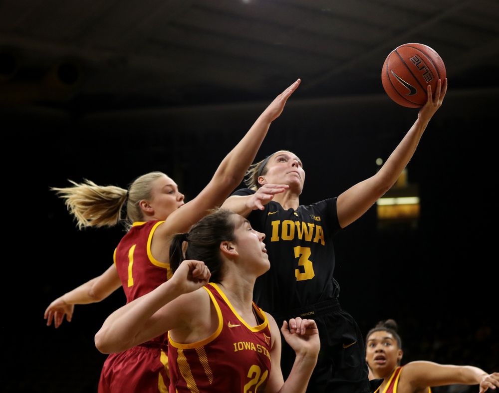 Iowa Hawkeyes guard Makenzie Meyer (3) against the Iowa State Cyclones in the Iowa Corn Cy-Hawk Series Wednesday, December 5, 2018 at Carver-Hawkeye Arena. (Brian Ray/hawkeyesports.com)