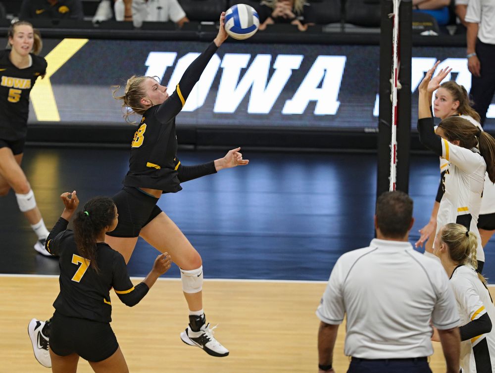 Iowa’s Hannah Clayton (18) during the second set of the Black and Gold scrimmage at Carver-Hawkeye Arena in Iowa City on Saturday, Aug 24, 2019. (Stephen Mally/hawkeyesports.com)