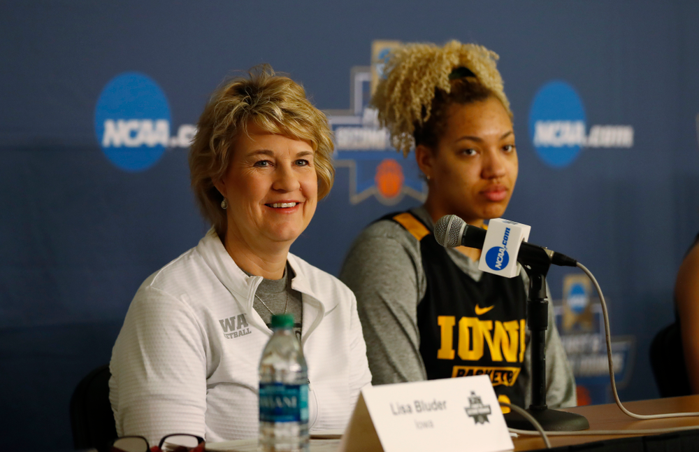 Iowa Hawkeyes head coach Lisa Bluder answers questions from the media during a news conference Friday, March 16, 2018 at Pauley Pavilion on the campus of UCLA. (Brian Ray/hawkeyesports.com)
