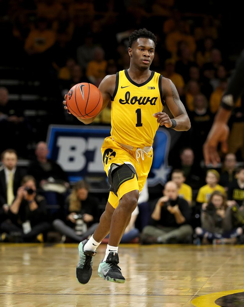 Iowa Hawkeyes guard Joe Toussaint (1) against the Nebraska Cornhuskers Saturday, February 8, 2020 at Carver-Hawkeye Arena. (Brian Ray/hawkeyesports.com)