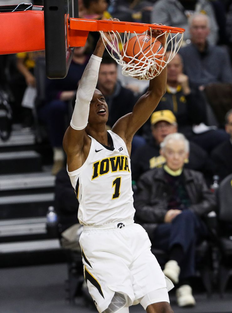 Iowa Hawkeyes guard Maishe Dailey (1) dunks the ball during a game against Alabama State at Carver-Hawkeye Arena on November 21, 2018. (Tork Mason/hawkeyesports.com)