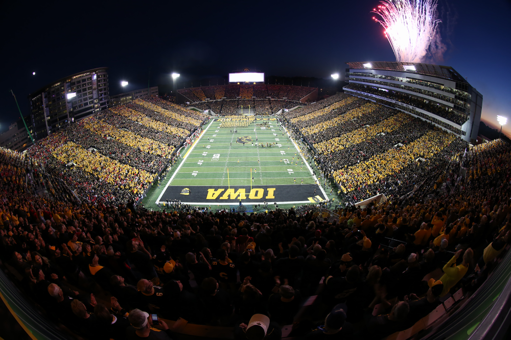 Fireworks explode over the press box before the Iowa Hawkeyes game against the Wisconsin Badgers Saturday, September 22, 2018 at Kinnick Stadium. (Brian Ray/hawkeyesports.com)