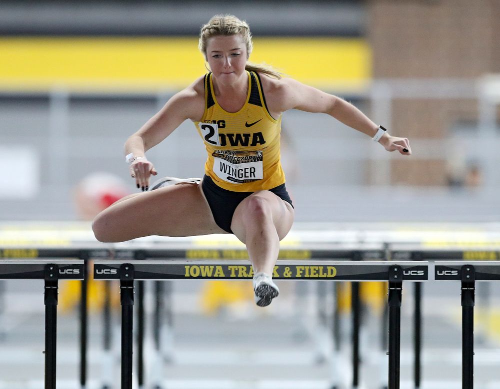 Iowa’s Sydney Winger runs the women’s 60 meter hurdles premier preliminary event during the Larry Wieczorek Invitational at the Recreation Building in Iowa City on Saturday, January 18, 2020. (Stephen Mally/hawkeyesports.com)