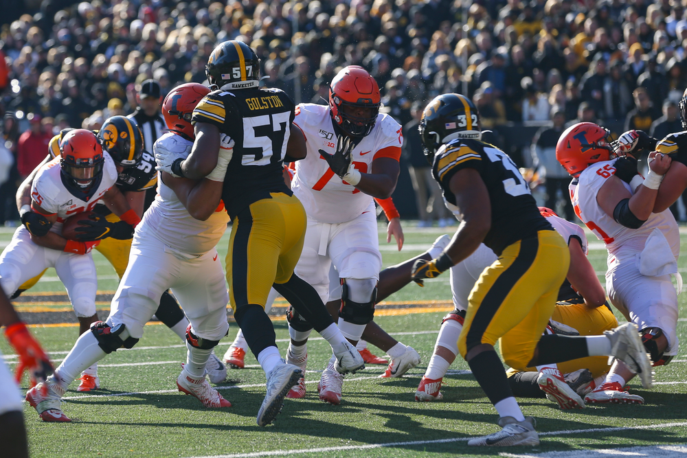Iowa Hawkeyes defensive end Chauncey Golston (57) during Iowa football vs Illinois on Saturday, November 23, 2019 at Kinnick Stadium. (Lily Smith/hawkeyesports.com)