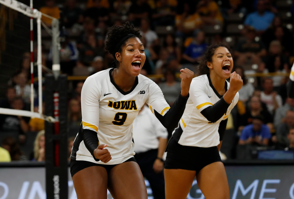 Iowa Hawkeyes middle blocker Amiya Jones (9) against Eastern Illinois Sunday, September 9, 2018 at Carver-Hawkeye Arena. (Brian Ray/hawkeyesports.com)