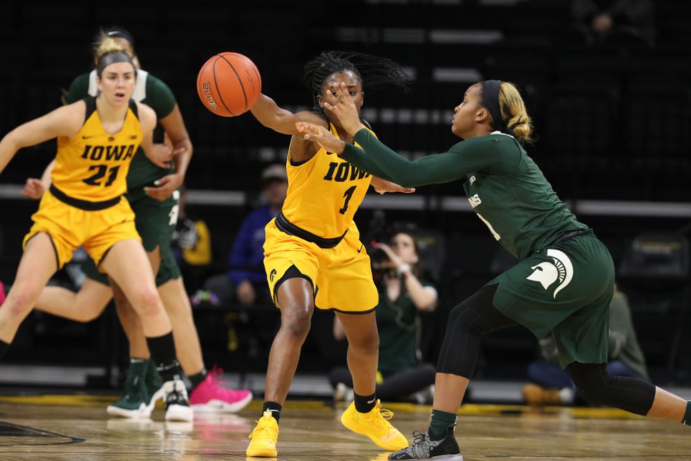 Iowa Hawkeyes guard Tomi Taiwo (1) steals the ball against the Michigan State Spartans Thursday, February 7, 2019 at Carver-Hawkeye Arena. (Brian Ray/hawkeyesports.com)