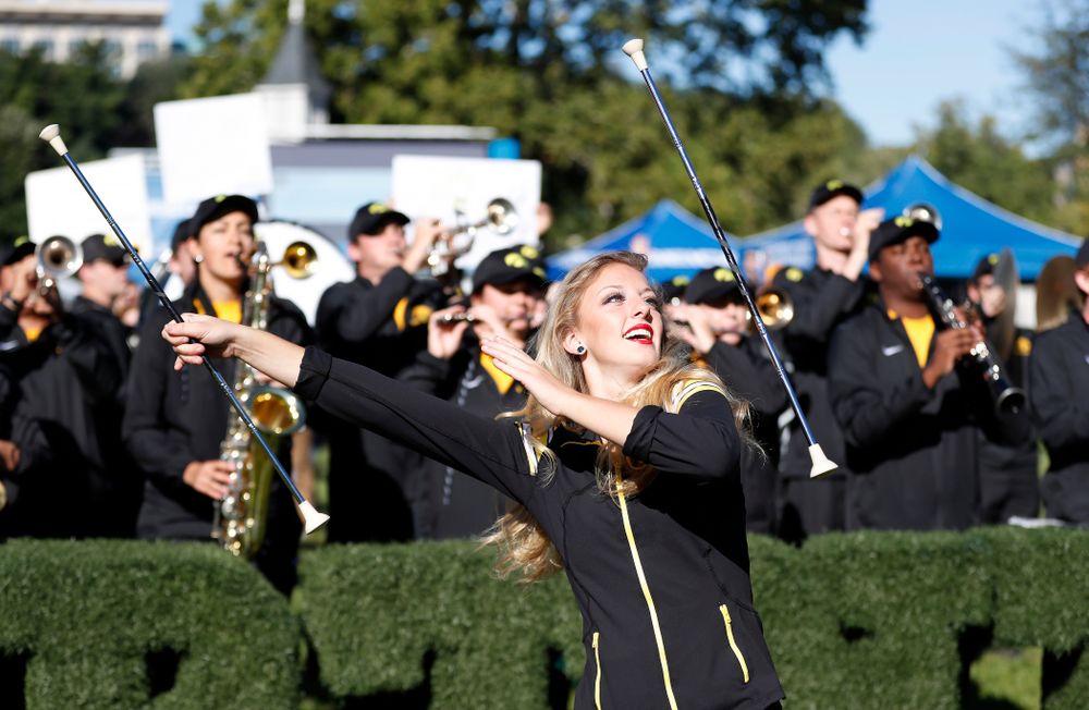 Hawkeye Marching Band Golden Girl Kylene Spanbauer as BTN Tailgate does a live show Saturday, September 22, 2018 at Hubbard Park on the University of Iowa Campus. (Brian Ray/hawkeyesports.com)