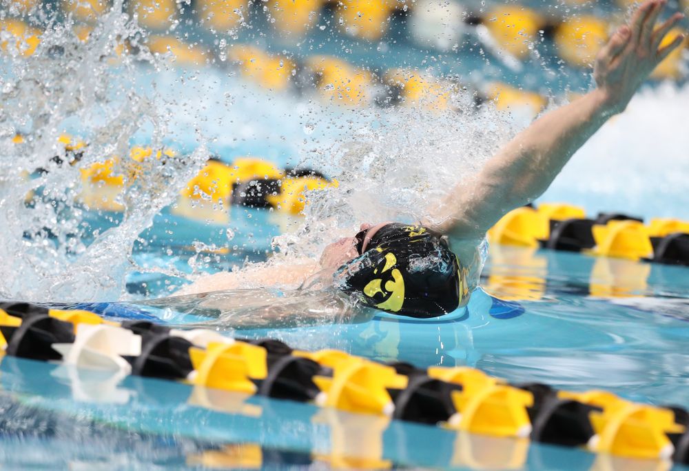 Iowa's Kenneth Mende swims the backstroke leg of the 200 medley relay at the 2019 Big Ten Swimming and Diving meet Wednesday, February 27, 2019 at the Campus Wellness and Recreation Center. (Brian Ray/hawkeyesports.com)