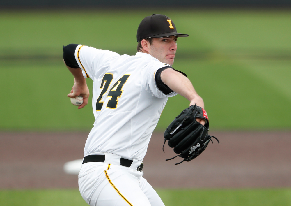 Iowa Hawkeyes pitcher Nick Allgeyer (24) during a double header against the Indiana Hoosiers Friday, March 23, 2018 at Duane Banks Field. (Brian Ray/hawkeyesports.com)