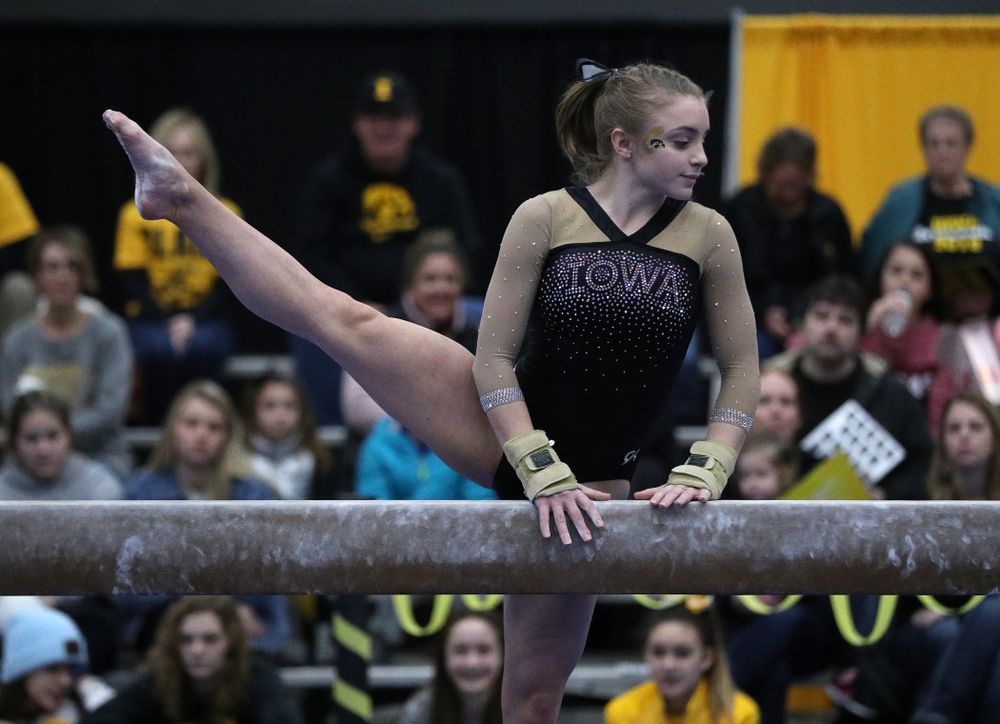 Lauren Guerin competes on the beam during the Black and Gold intrasquad meet Saturday, December 1, 2018 at the University of Iowa Field House. (Brian Ray/hawkeyesports.com)