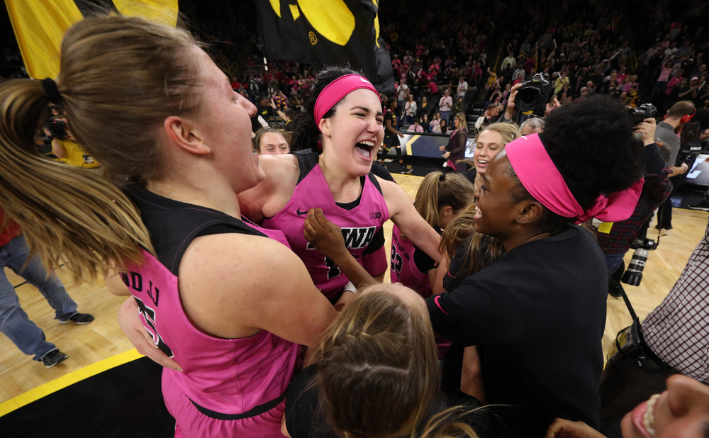 The Iowa Hawkeyes celebrate their victory over the seventh ranked Maryland Terrapins Sunday, February 17, 2019 at Carver-Hawkeye Arena. (Brian Ray/hawkeyesports.com)