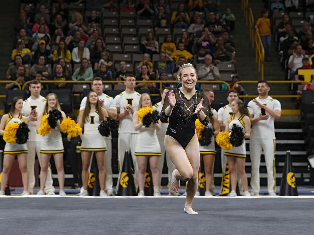 Iowa’s Alex Greenwald competes on the floor during their meet at Carver-Hawkeye Arena in Iowa City on Sunday, March 8, 2020. (Stephen Mally/hawkeyesports.com)