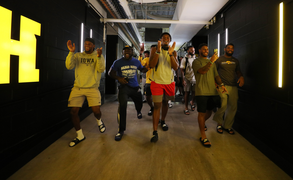 The Hawkeye Football Team sees the updates to their entrance tunnel at Kinnick Stadium for the first time Thursday, August 22, 2019 in Iowa City. (Brian Ray/hawkeyesports.com)