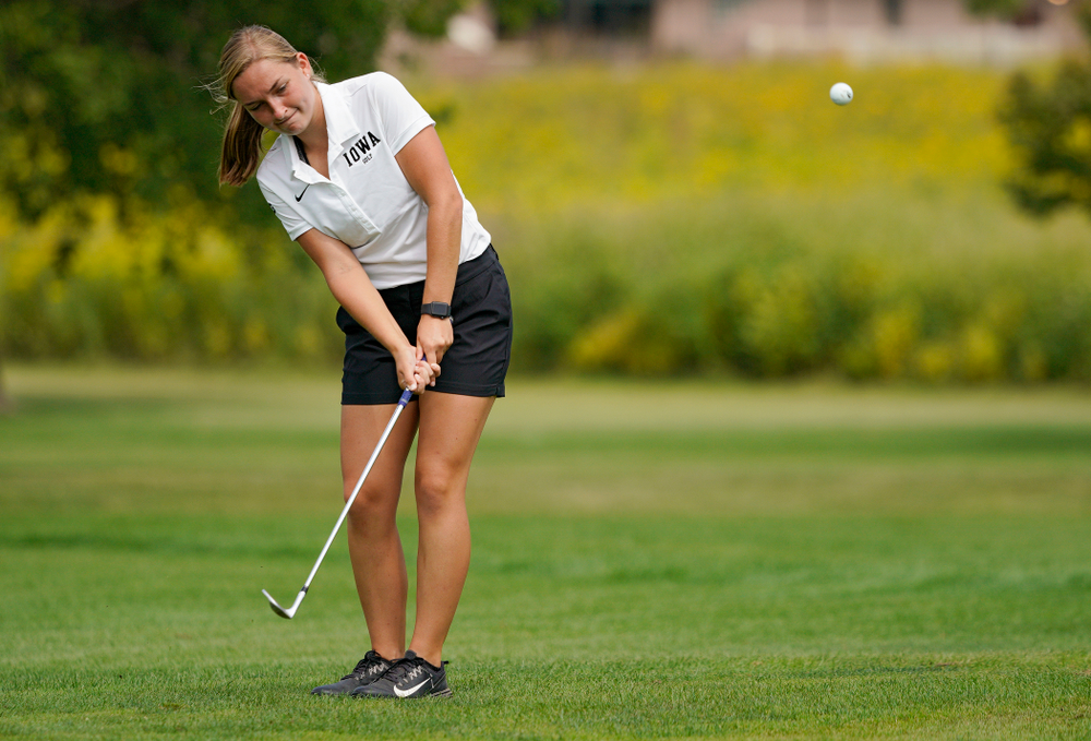Iowa’s Stephanie Herzog chips onto the green during their dual against Northern Iowa at Pheasant Ridge Golf Course in Cedar Falls on Monday, Sep 2, 2019. (Stephen Mally/hawkeyesports.com)