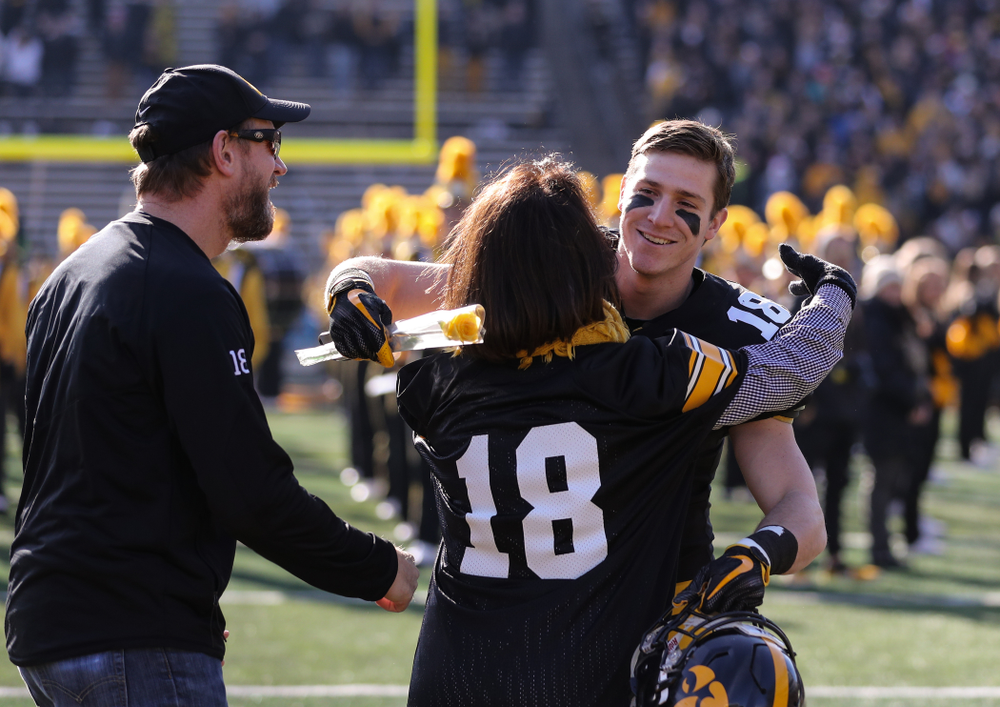 Iowa Hawkeyes defensive back John Milani (18) during Senior Day festivities before their game against the Illinois Fighting Illini Saturday, November 23, 2019 at Kinnick Stadium. (Brian Ray/hawkeyesports.com)