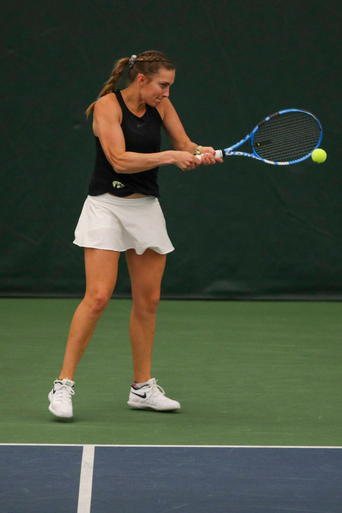 IowaÕs Ashleigh Jacobs at womenÕs tennis senior day vs Nebraska on Saturday, April 13, 2019 at the Hawkeye Tennis and Recreation Complex. (Lily Smith/hawkeyesports.com)