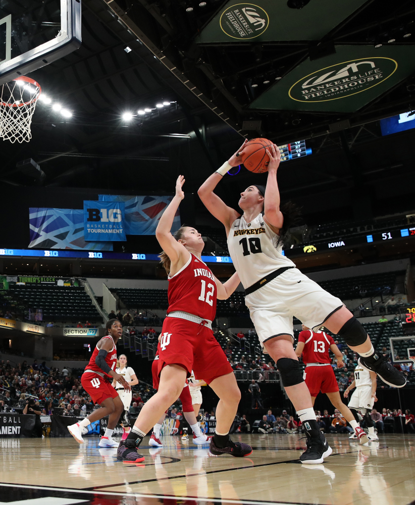 Iowa Hawkeyes forward Megan Gustafson (10) against the Indiana Hoosiers in the quarterfinals of the Big Ten Tournament Friday, March 8, 2019 at Bankers Life Fieldhouse in Indianapolis, Ind. (Brian Ray/hawkeyesports.com)