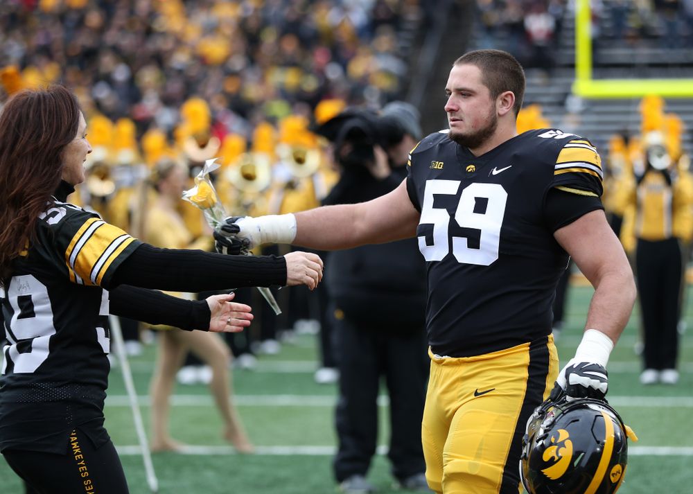 Iowa Hawkeyes offensive lineman Ross Reynolds (59) during senior day activities before their game against the Nebraska Cornhuskers Friday, November 23, 2018 at Kinnick Stadium. (Brian Ray/hawkeyesports.com)