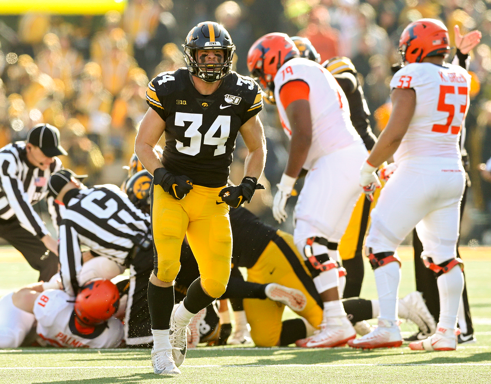 Iowa Hawkeyes linebacker Kristian Welch (34) celebrates after forcing a fumble during the fourth quarter of their game at Kinnick Stadium in Iowa City on Saturday, Nov 23, 2019. (Stephen Mally/hawkeyesports.com)